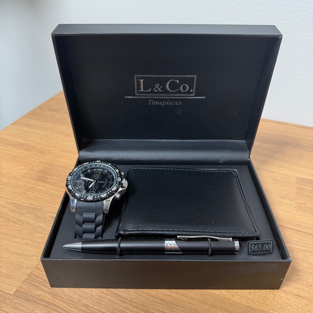 L&Co. Timepieces Mens 3 Piece Gift Set Black Watch Bifold Wallet and Pen Boxed